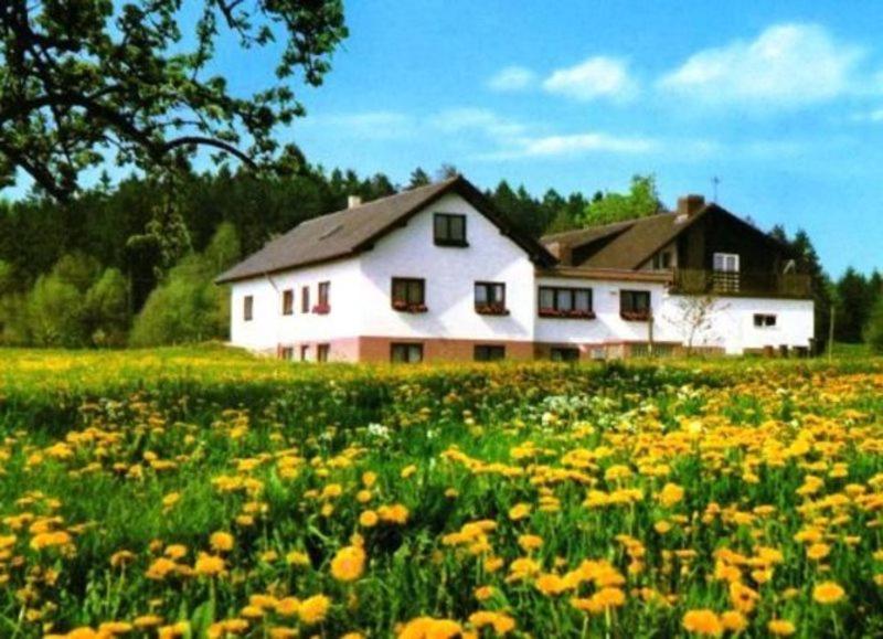 um campo de flores em frente a uma casa branca em Gasthaus-Pension Zum Brandweiher em Amorbach