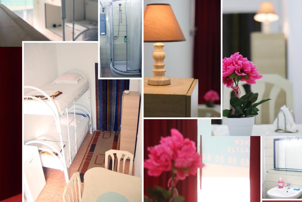 een collage van foto's met roze bloemen en een lamp bij One Room in Shkodër