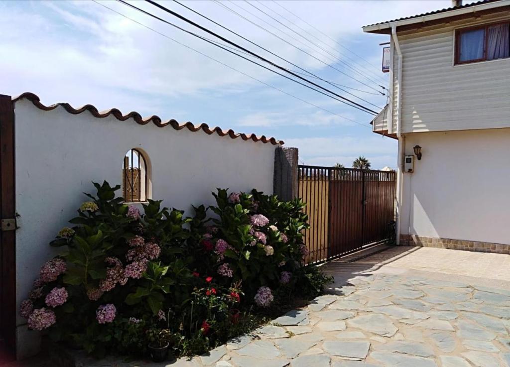 een wit hek met bloemen naast een huis bij OCEANO HOSTEL in Pichilemu