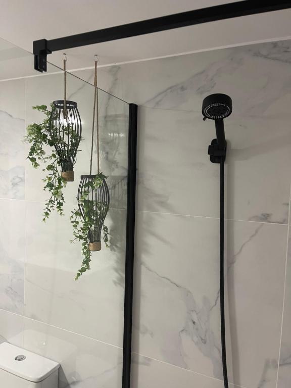 a bathroom with two potted plants in a shower at Cala puntal in Vinaròs