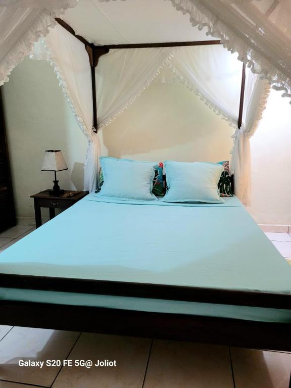 a bed in a room with a canopy bed set up at LA MARINA 3 in Ambodifototra