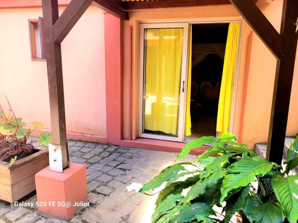 eine offene Tür eines Hauses mit einer Pflanze in der Unterkunft LA MARINA 3 in Ambodifototra
