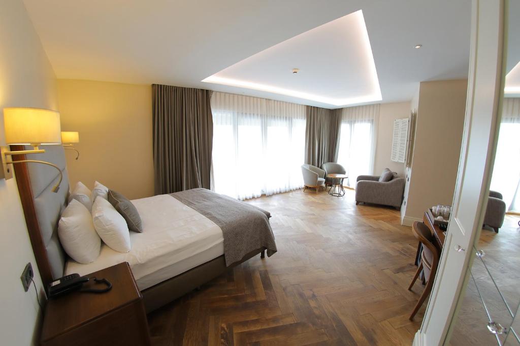 イスタンブールにあるHotel Morione & Spa Centerのベッドとリビングルームが備わるホテルルームです。