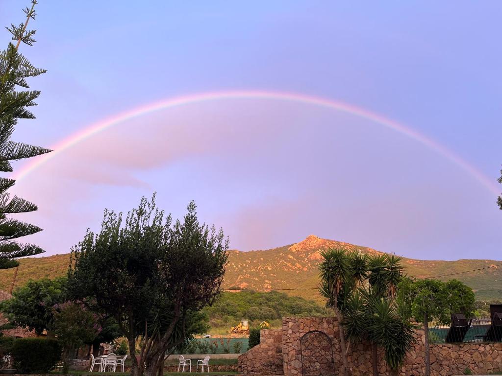 un arc-en-ciel avec des chaises et des arbres dans l'établissement Maison Le Citronnier avec piscine - Domaine E Case Di Cuttoli, à Cuttoli-Corticchiato