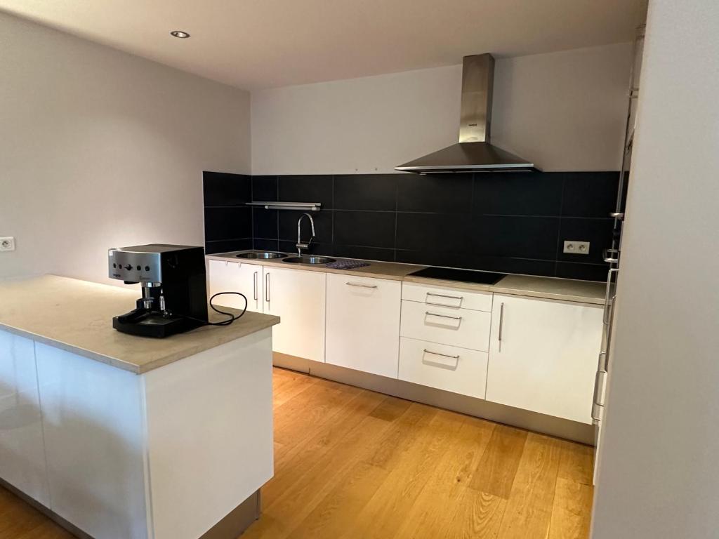 a kitchen with white cabinets and a black wall at 2 Bedroom Apartment in Lovely Louise Area in Brussels