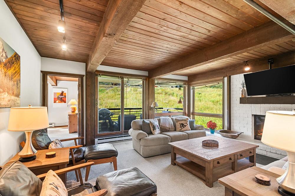 a living room with a couch and a fireplace at Enclave 208, Snowmass Ski-In/Ski-Out Condo w/Shared Pool/Hot Tub/WiFi in Snowmass Village