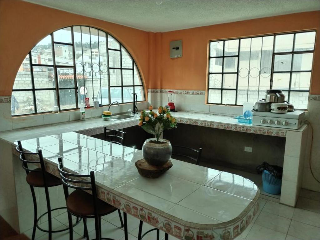 a kitchen with a table with a vase of flowers on it at 1 Cuarto independiente individual in Ambato