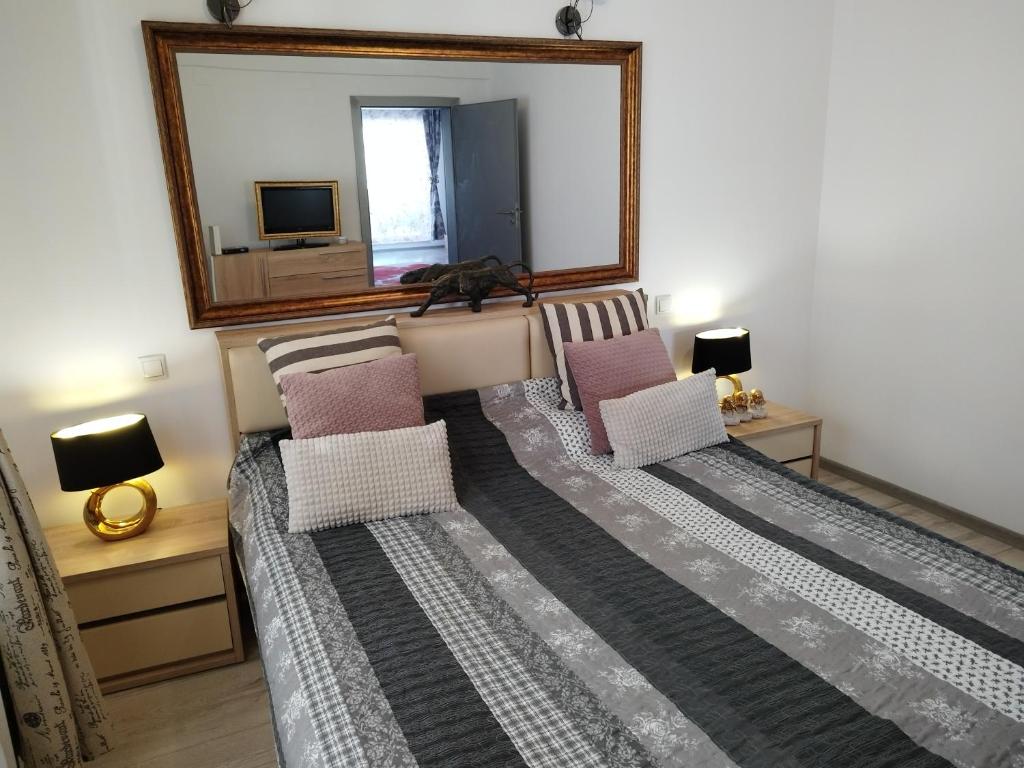 uma sala de estar com duas camas e um espelho em Silver De Lux em Bacău