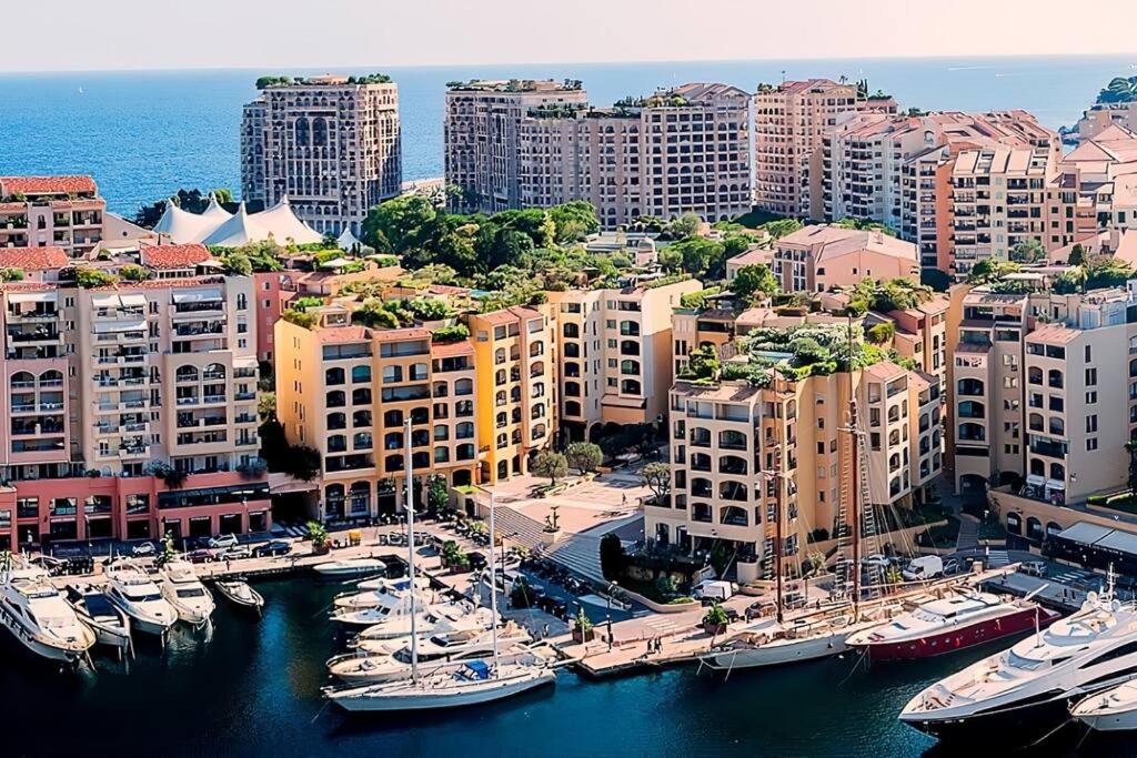 a city with boats docked in a harbor with buildings at Charmant studio (plage, Monaco) in Roquebrune-Cap-Martin