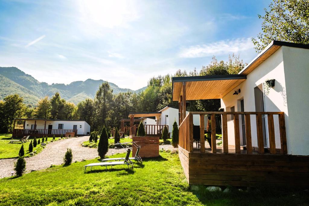 a cabin in a field with mountains in the background at Beaumont Lodges in Predeluţ