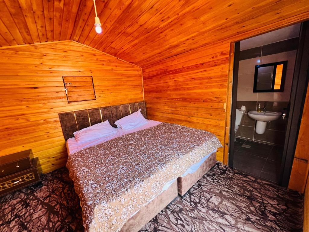 Un dormitorio con una cama y un lavabo en una habitación. en wadi rum bedouin stars camp, en Wadi Rum