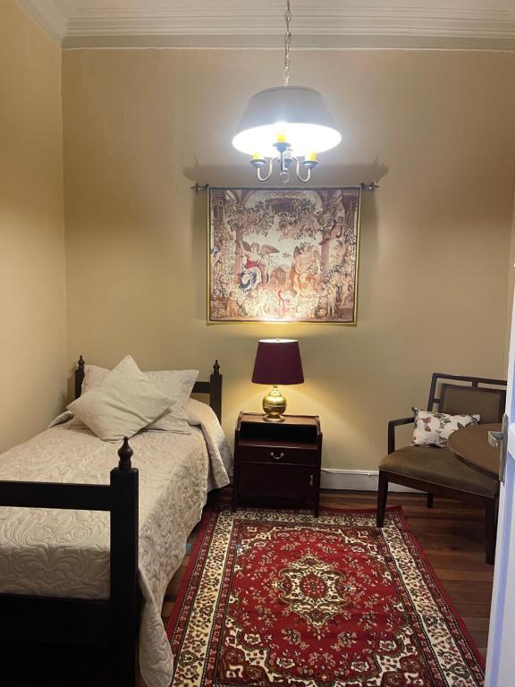1 dormitorio con cama, lámpara y alfombra en Casa dos Leones, en Santiago