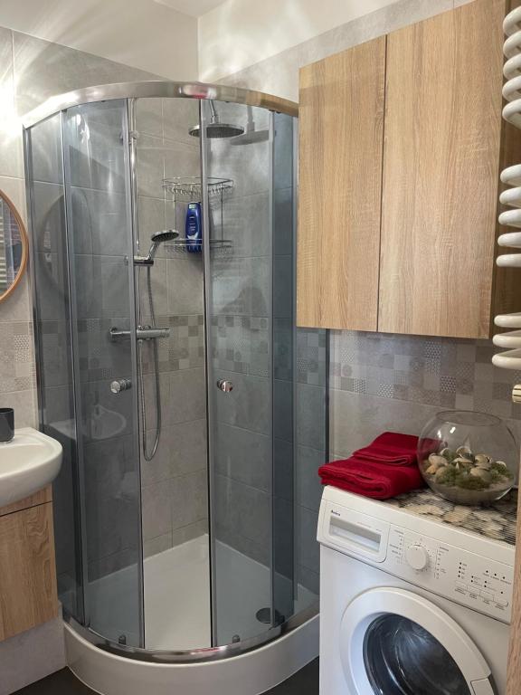 een douche in een badkamer met een wasmachine bij Giallo-Rosso in Białystok