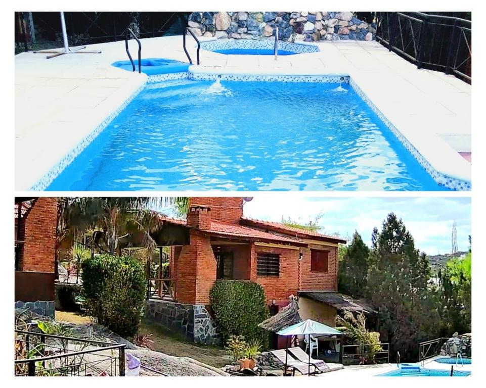 dos fotos de una piscina frente a una casa en Cabañas Layken en Villa Carlos Paz