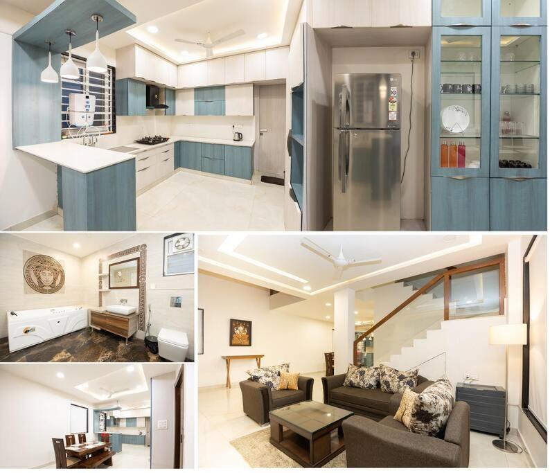two pictures of a kitchen and a living room at Family&PetFriendly 5BHK With Jacuzzi @BanjaraHills in Hyderabad