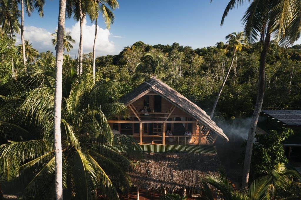 a house in the middle of a jungle with palm trees at Favela Mentawai in Tua Pejat