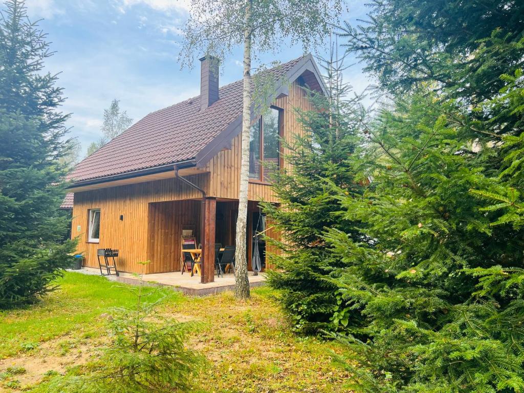 a wooden house in the woods with trees at Domki Strefa Ciszy Bieszczady in Terka