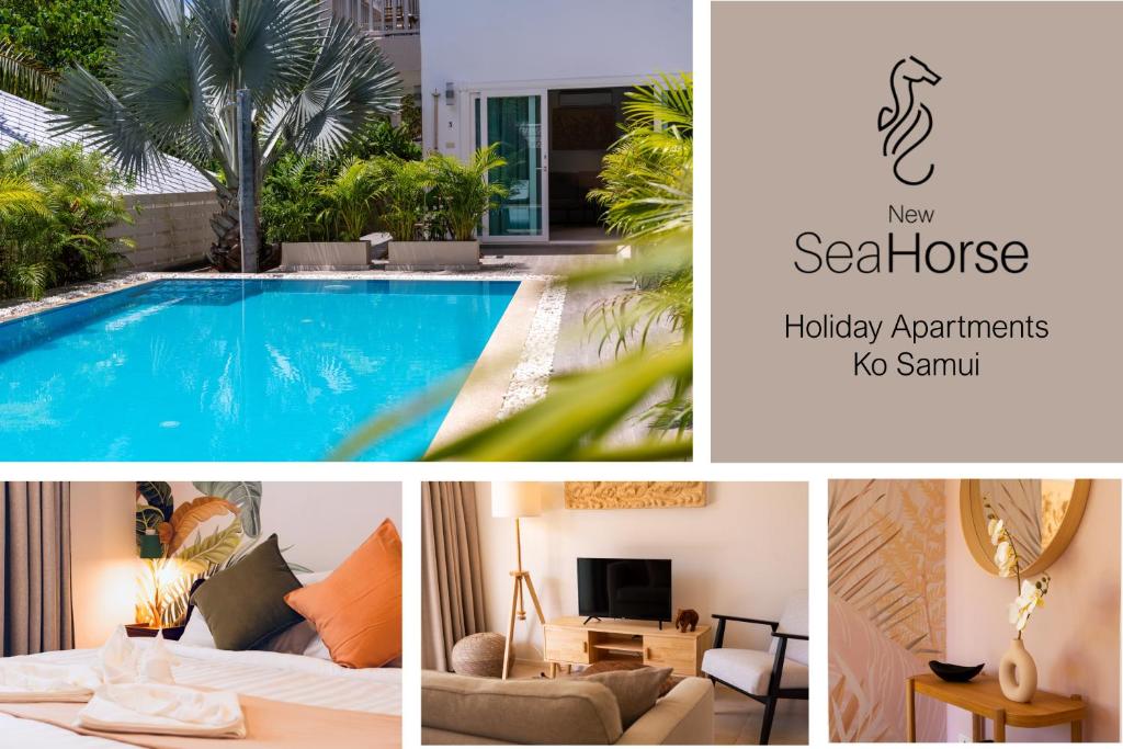 un collage de fotos de un hotel con piscina en New Seahorse Residence en Nathon Bay