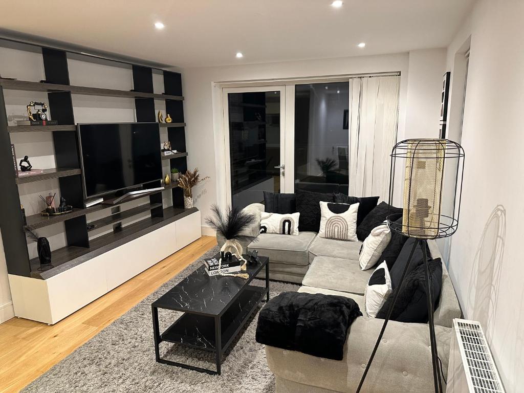 a living room with a couch and a tv at Colindale luxury Apartment in Colindale