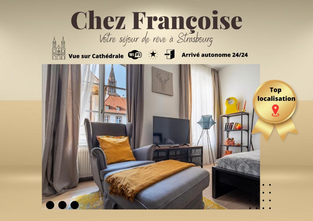 um poster de um quarto com uma cama e uma televisão em Hyper-centre : Vue Cathédrale, prox. Petite France em Estrasburgo