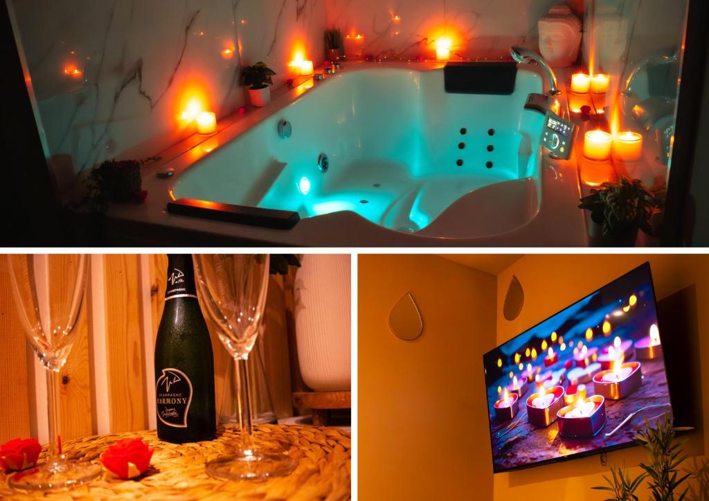 - deux photos d'une baignoire avec une bouteille de vin et une télévision dans l'établissement Le Moment Bien-Être - Appartement avec SPA privatif, à Saint-Omer