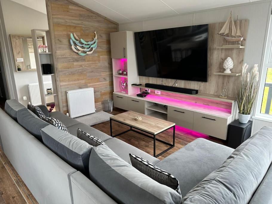 sala de estar con sofá y TV de pantalla plana en Modern Lodge with Amazing Views en Newquay