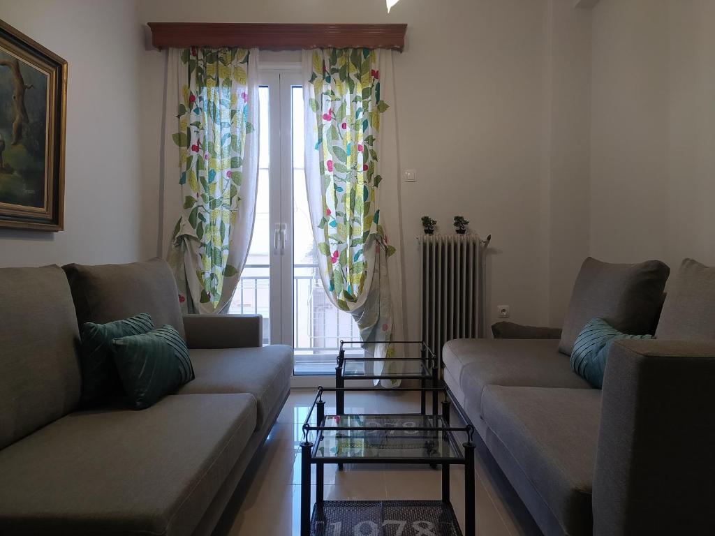 a living room with two couches and a window at Helen's downtown apartment in Ioannina