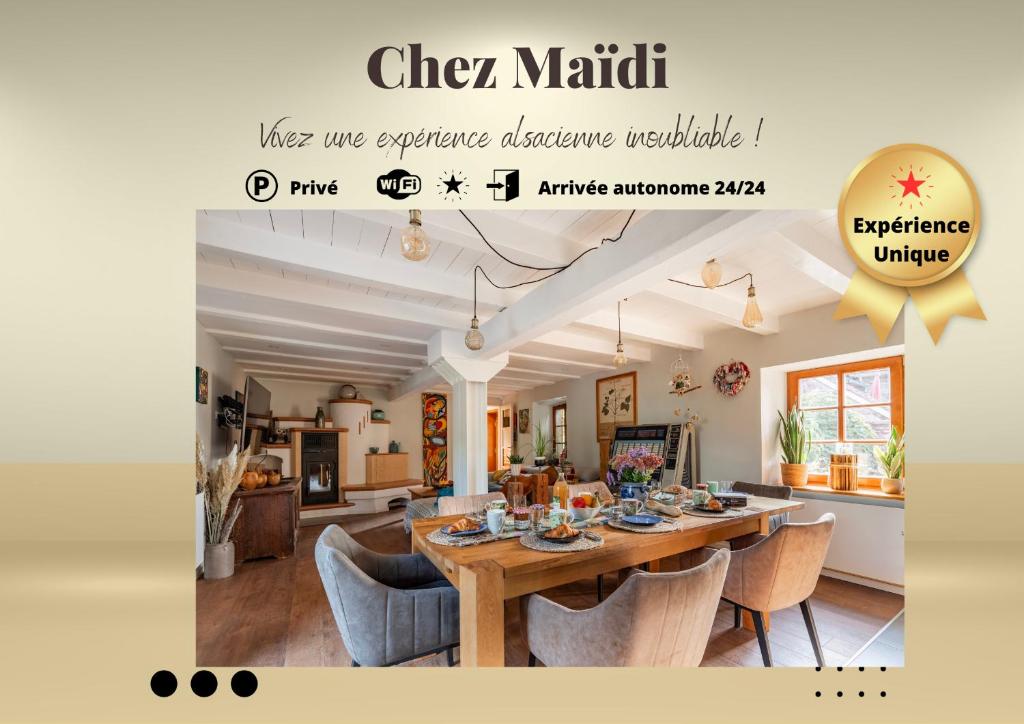 的住宿－Chez Maïdi : Authenticité, Confort et Nature，用餐室以及带桌椅的厨房。