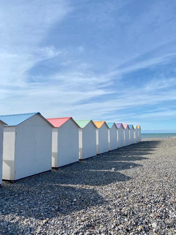 rząd domków plażowych na kamienistej plaży w obiekcie L'Air du Sud - appartement chaleureux Le Tréport w mieście Le Tréport