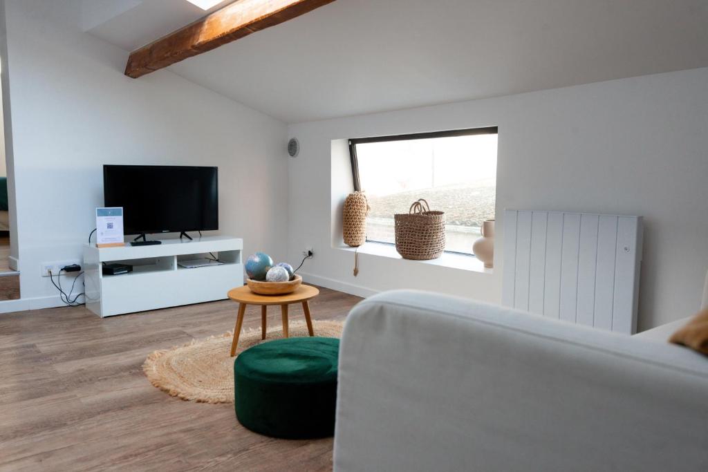 salon z kanapą i telewizorem w obiekcie L'Air du Sud - appartement chaleureux Le Tréport w mieście Le Tréport