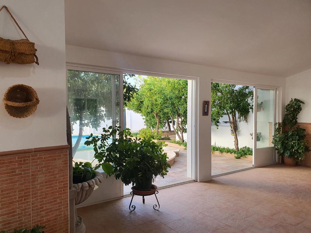 un soggiorno con una grande porta a vetri con una pianta di Cortijo Rural El Salado a Castillo de Locubín