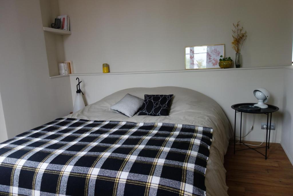 een slaapkamer met een bed met een geruite deken erop bij la maison haute in Toucy