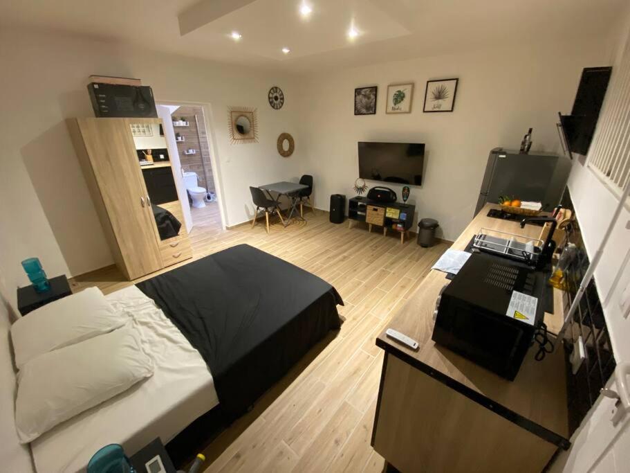 Dormitorio con cama, escritorio y TV en Studio Wood Vibe, en Le Moule