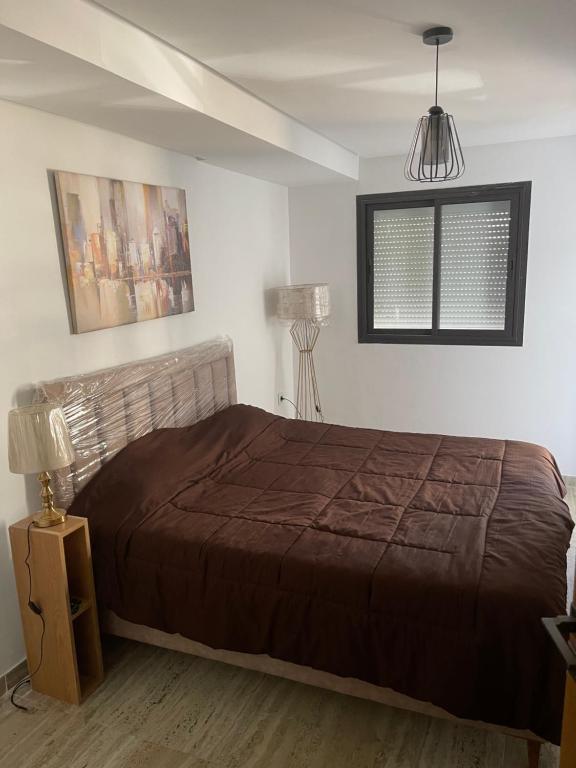 ein Schlafzimmer mit einem Bett, einer Lampe und einem Fenster in der Unterkunft Appartement jardin de Carthage tunisia in Tunis