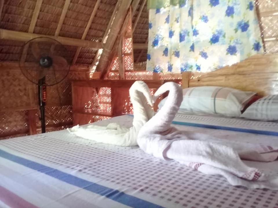 Dos cisnes acostados en una cama en una habitación en KOKONUT HUT RETREAT & CAMPING SITE RENTAL, en Romblon