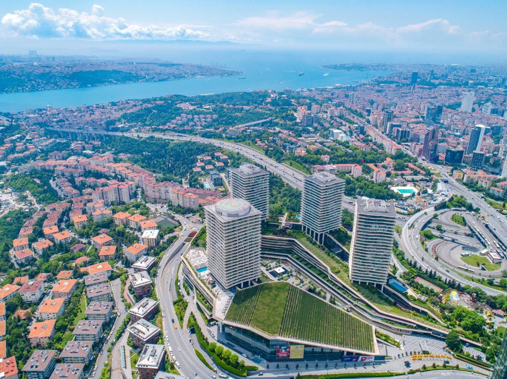 une vue aérienne sur une ville avec de grands bâtiments dans l'établissement Raffles Istanbul, à Istanbul