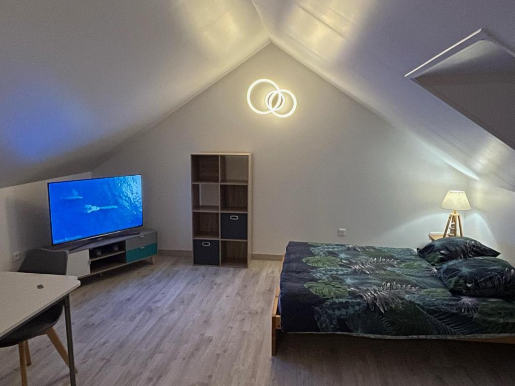a bedroom with a bed and a flat screen tv at Studio neuf, au calme in Lorcy