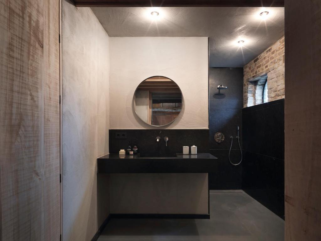 ein Badezimmer mit Waschbecken und Spiegel in der Unterkunft Hoeve Appartement aan de rand van Maastricht met natuurzwembad in Berg en Terblijt