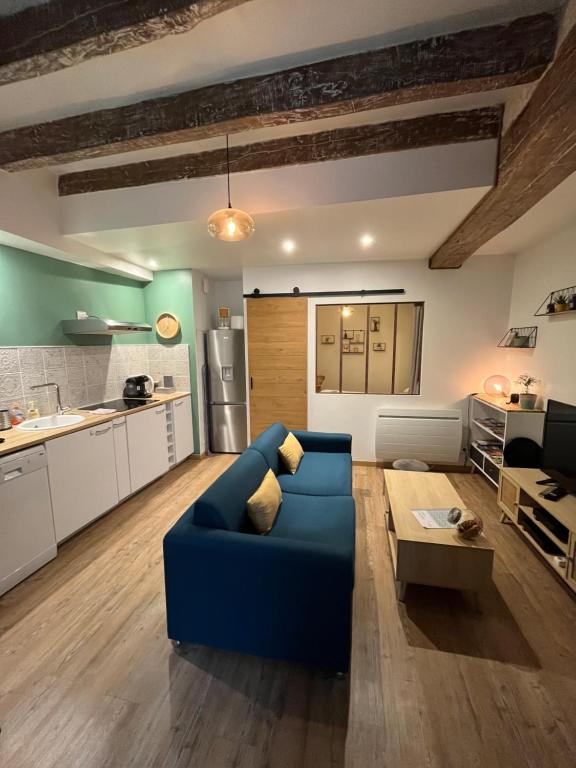 a living room with a blue couch and a kitchen at HYPERCENTRE - Charmant T2 et sa cour extérieure in Blois