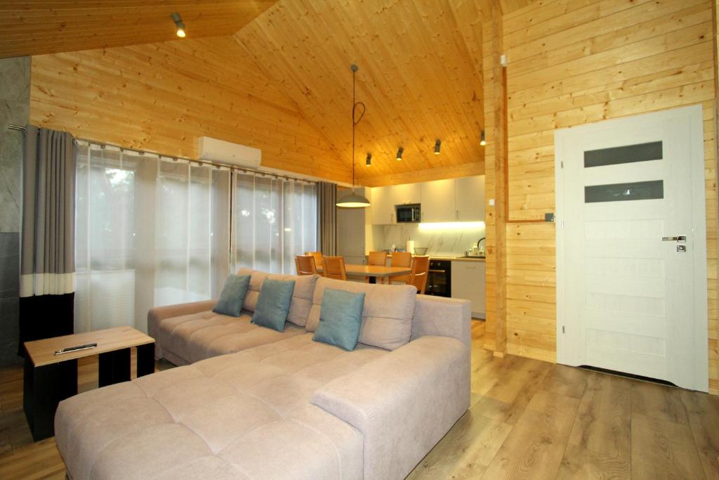 新卡爾奇馬的住宿－Eko-domki w Krynica Morska-Piaski，客厅配有白色的沙发和桌子