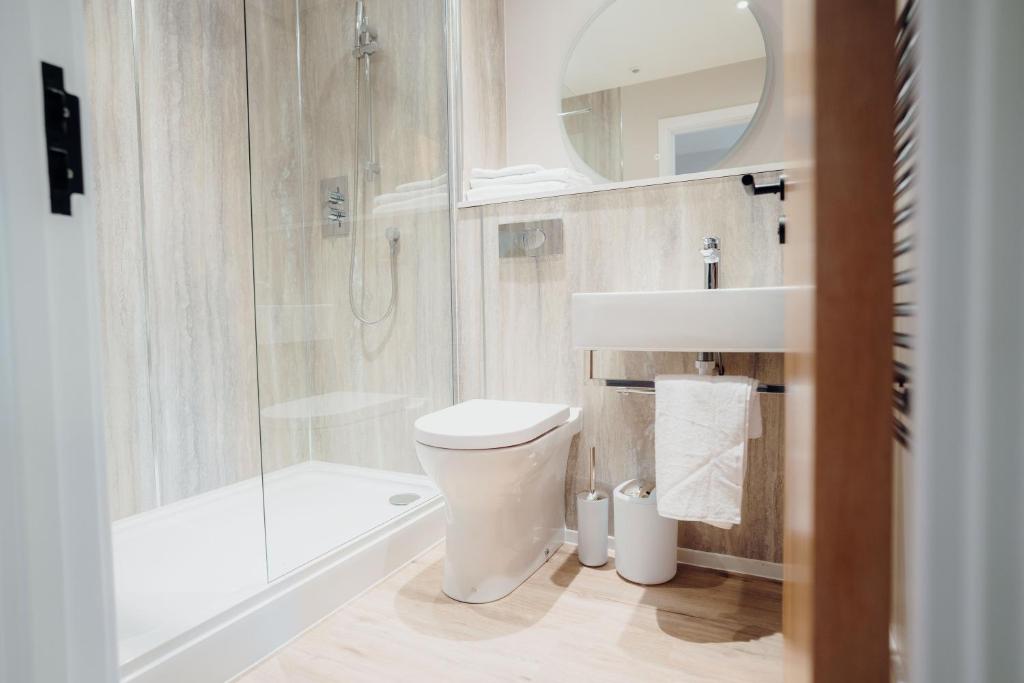 a bathroom with a toilet and a sink and a shower at The Dunes in Tenby