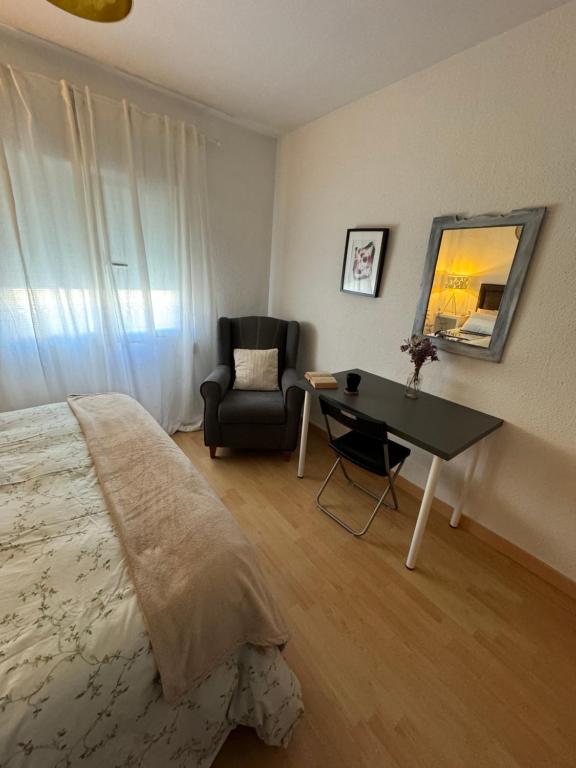 1 dormitorio con cama, silla y escritorio en Harmony room málaga, en Málaga