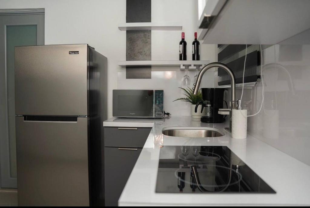 uma cozinha com um frigorífico de aço inoxidável e um lavatório em North Breeze Guest House 2 em Toa Baja