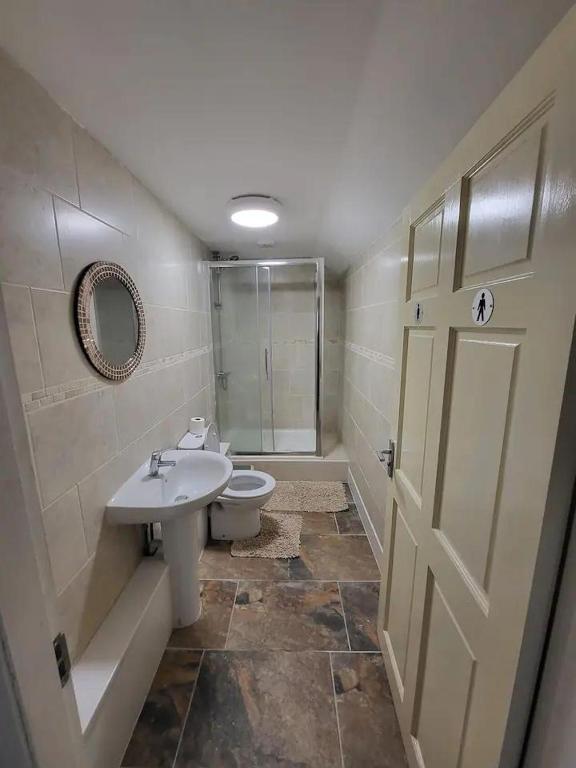 a bathroom with a toilet and a sink and a shower at The Dulbin Packet - Single room 1 in Holyhead