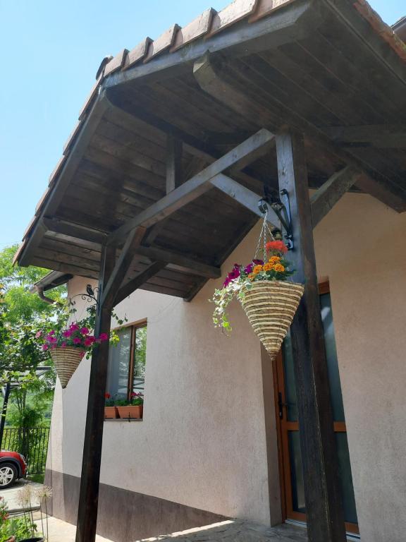 deux paniers avec des fleurs suspendues à un bâtiment dans l'établissement Camping place, à Alba Iulia