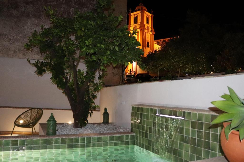 a bathroom with a tree and a building at night at Casa da Sé in Silves