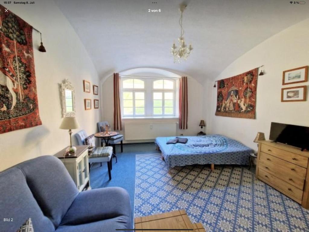 - une chambre avec un lit, un canapé et une télévision dans l'établissement Elbenland Apartments Sächsische Schweiz, à Sebnitz