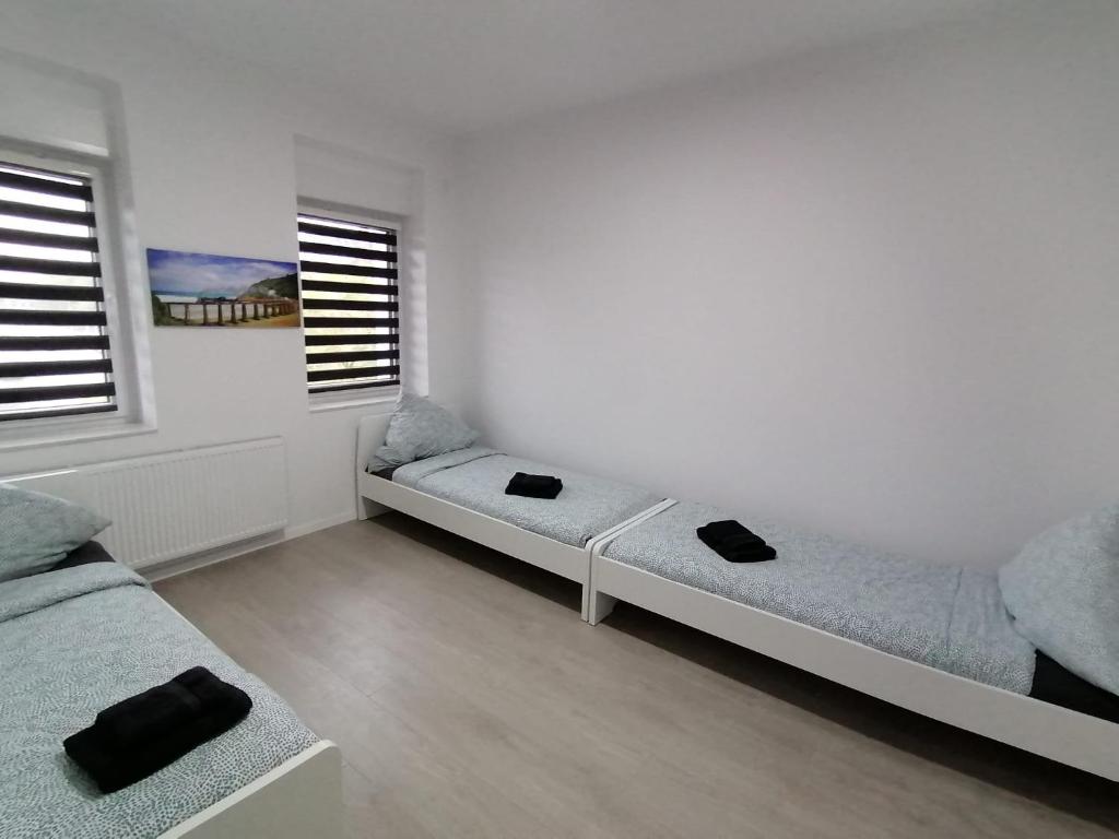 two beds in a white room with two windows at estrella24 LIVING ROOMS Venedig in Herne