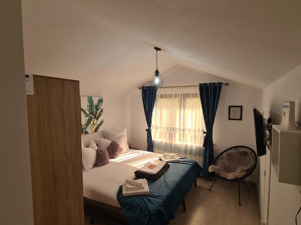 a bedroom with a large bed and a window at PIATRA ROSIE Pensiune Agroturistică in Niculiţel