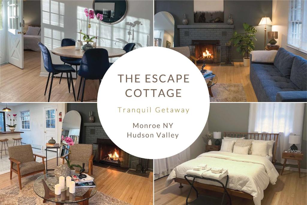 un collage di foto di un soggiorno e di una camera da letto di Hudson Valley Cottage Rental 3 bedrooms Monroe NY a Monroe